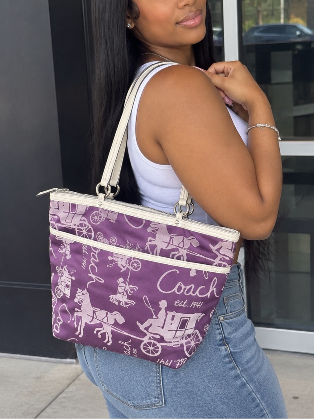 Coach Purple Signature Script Tote with Cream Trim